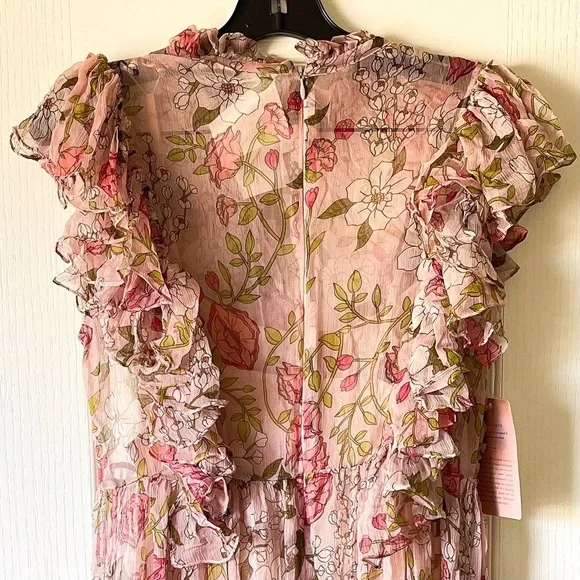 BHLDN Jessica Floral Ruffled Chiffon Maxi Dress Pink Green 8 NWT